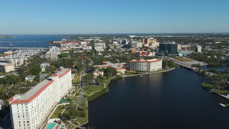 aerial view of a city with a river and bridge