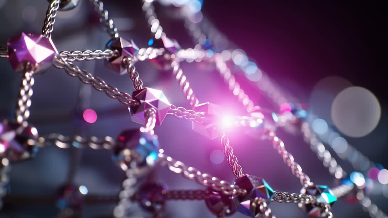 Shimmering beads form a delicate, glowing lattice. Soft light pulses through the intricate mesh pattern. Background bokeh adds depth and mystery. Perfect for luxury, technology