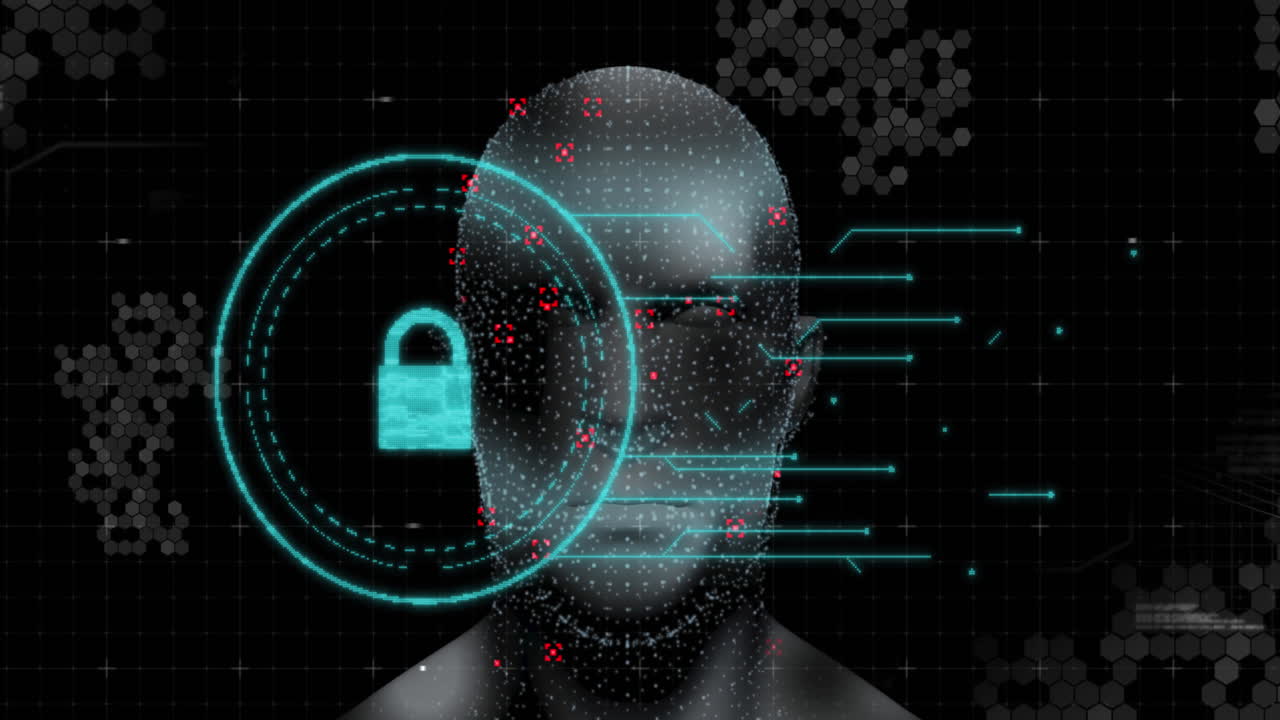 animación de una cabeza humana que brilla con un candado de seguridad de interfaz digital