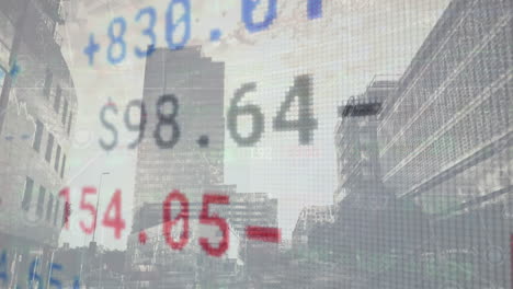 animation of stock market data processing and network of connections against tall buildings