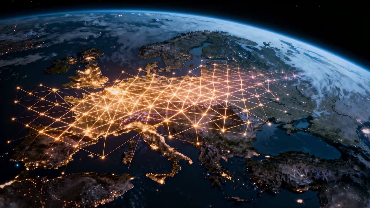 Night orbit revealing Europe sparking gold mesh spreading showing connectivity for tech designers