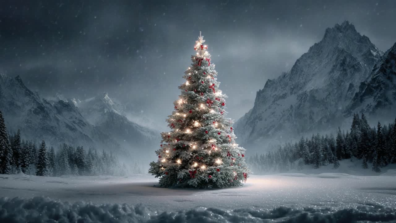 A Beautifully Decorated Christmas Tree Standing Majestically in a Serene Winter Landscape Surrounded by Snow-Capped Mountains Under a Starry Night Sky
