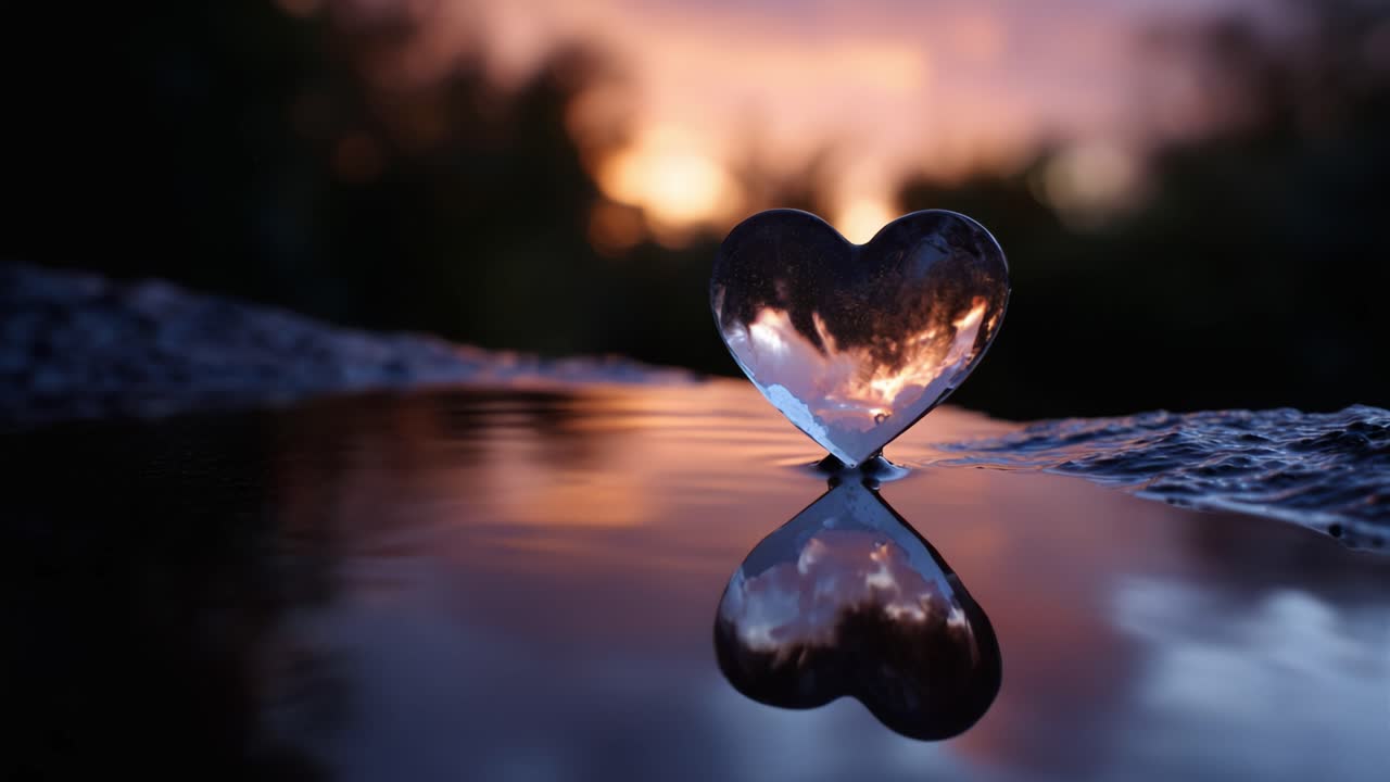 Un bonito reflejo en forma de corazón captado en el agua al atardecer, que plasma la serenidad de la naturaleza y los colores cálidos de la puesta de sol.