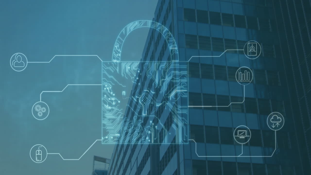 Animation of padlock with icons over cityscape