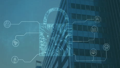 animation of padlock with icons over cityscape