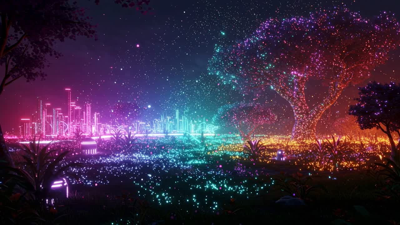 Exploring a vibrant city illuminated by colorful lights in an enchanting landscape filled with glowing plants