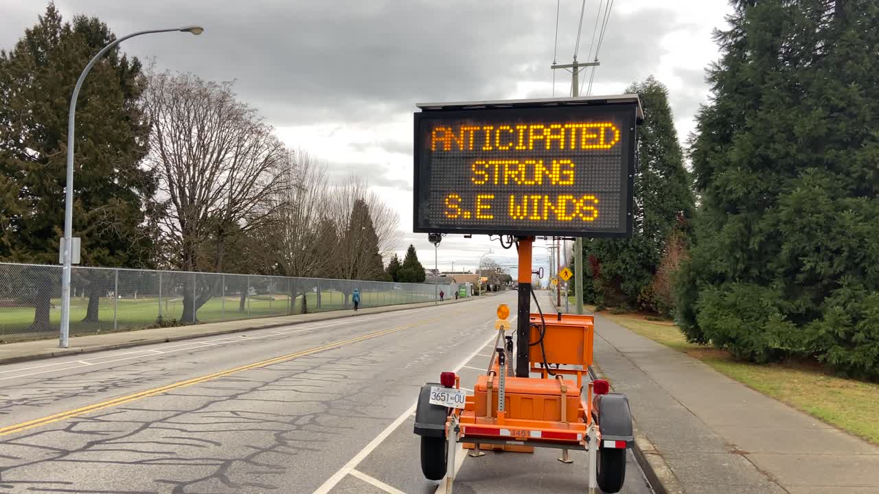 폭풍 경보, 강수, 강풍, 경고 표지판은 여행자에게 임박한 위험과 불씨에 대해 경고합니다.