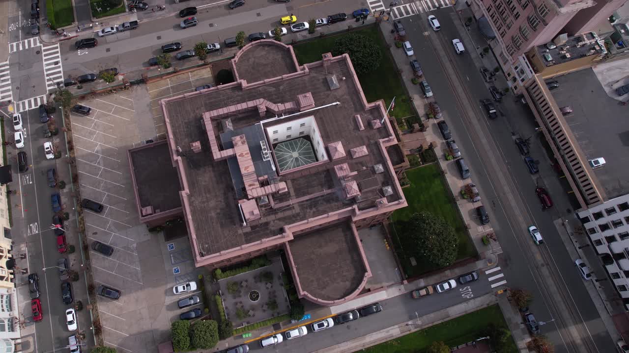 Aerial View of Pacific Union Social Club Building and Traffic on Nob Hill, San Francisco CA USA
