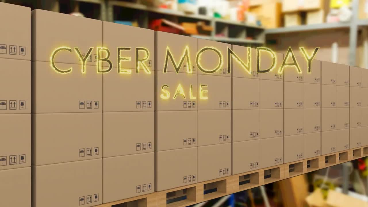 Animation of cyber monday sale text over cardboard boxes on conveyor belt