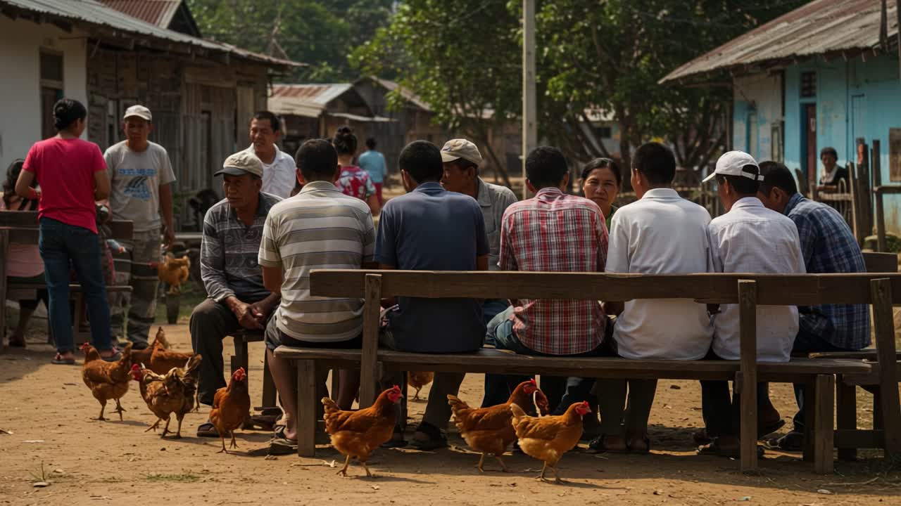 A Social Gathering in a Rural Setting: Individuals Engaged in Conversation with Chickens Roaming Nearby Amidst an Idyllic Village Atmosphere