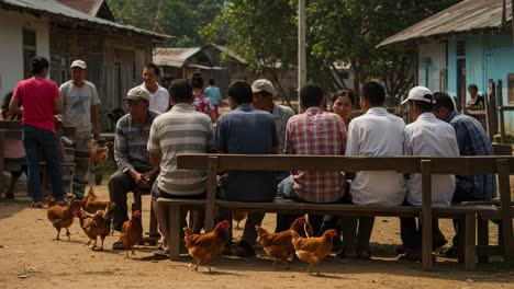 a social gathering in a rural setting: individuals engaged in conversation with chickens roaming nearby amidst an idyllic village atmosphere
