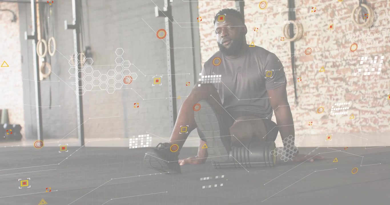 Gym-goer rolling leg on foam roller as timeline advancing activating hexagon overlay for recovery