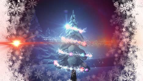 Animation-of-shooting-star-over-christmas-tree-in-winter-scenery