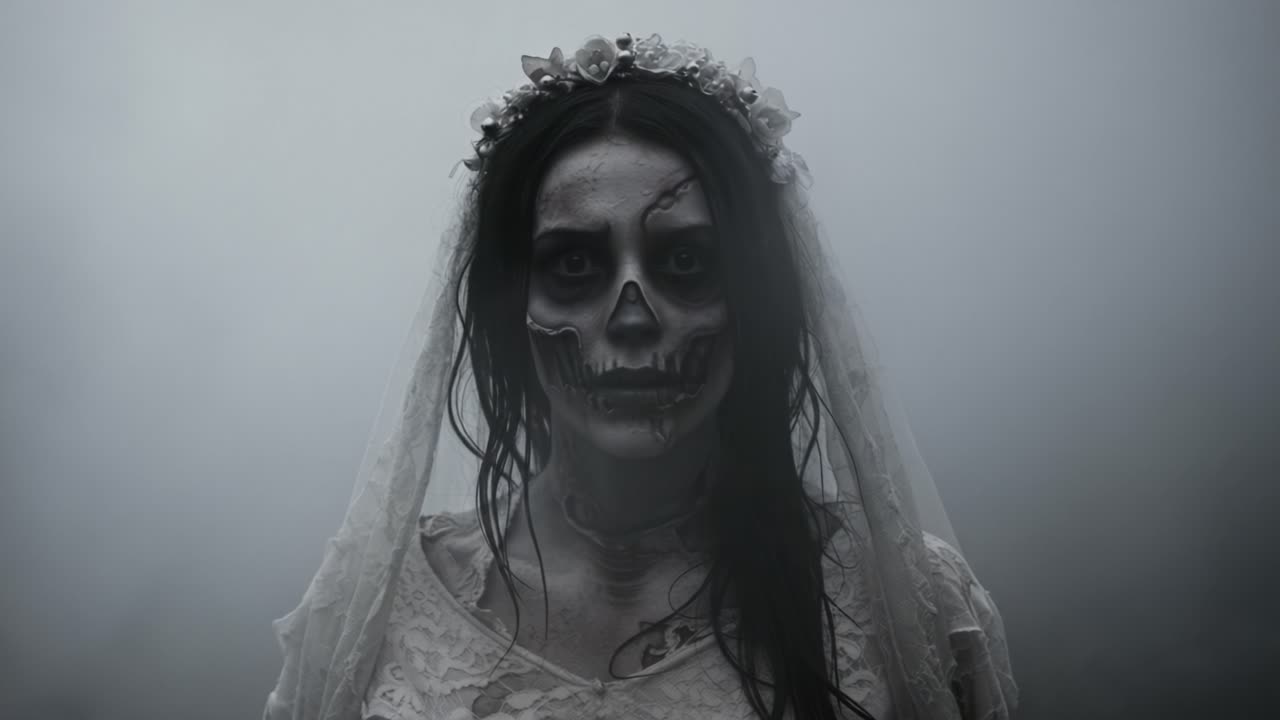 Eerie Scene with a Ghostly Bride: A Haunting Figure in a Foggy Landscape, Unveiling the Mystique of a Undead Character Draped in Wedding Attire
