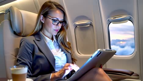 a woman is sitting on an airplane and using a tablet