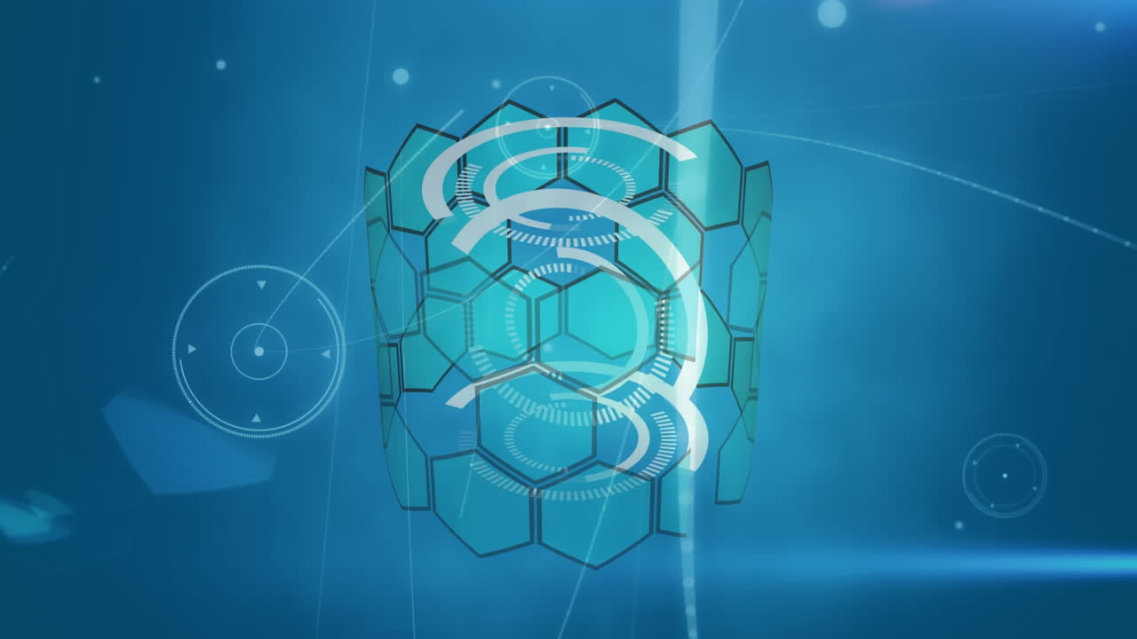 animación digital de la red de conexiones contra el modelo de forma hexagonal 3d sobre fondo azul
