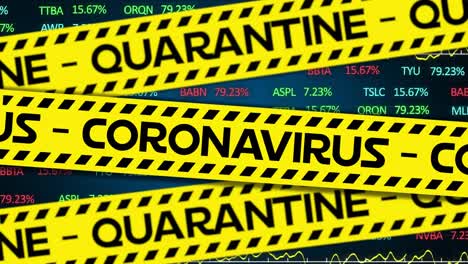 Yellow-police-tapes-with-Coronavirus-and-Quarantine-text-against-stock-market-data-processing