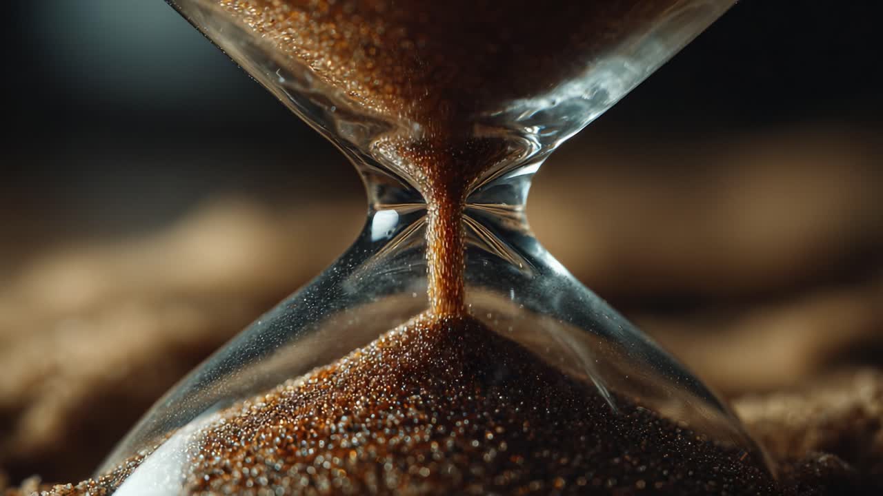 Primo Piano di una Clessidra in Azione mentre la Sabbia Scorre dalla Camera Superiore a Quella Inferiore, Simboleggiando il Passaggio del Tempo e la Sua Natura Effimera
