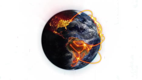 animation of glowing network lines encircling earth, showcasing global connectivity