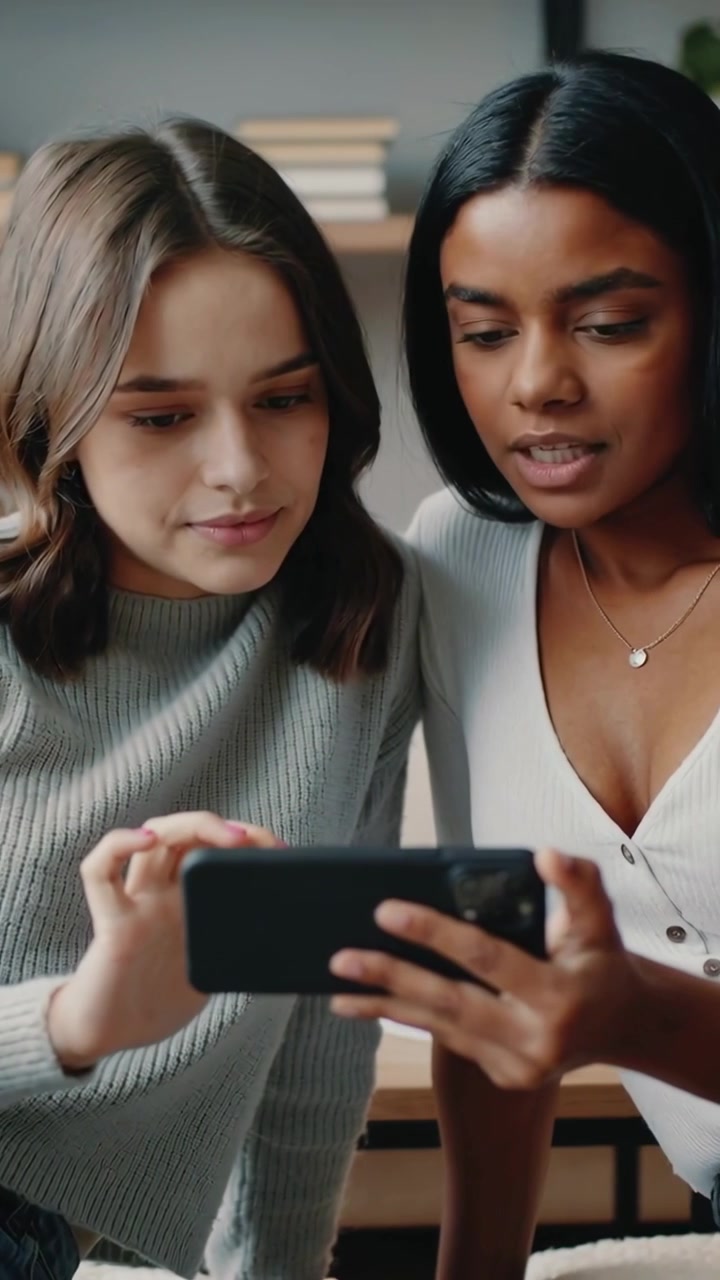 Vertical video: Tapping pair at home, right V-neck holding phone causing left tapping screen