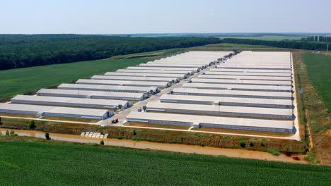 aerial of view of farm with big barn, chicken house and fields in summer sunny light morning. establishing shot. farming concept