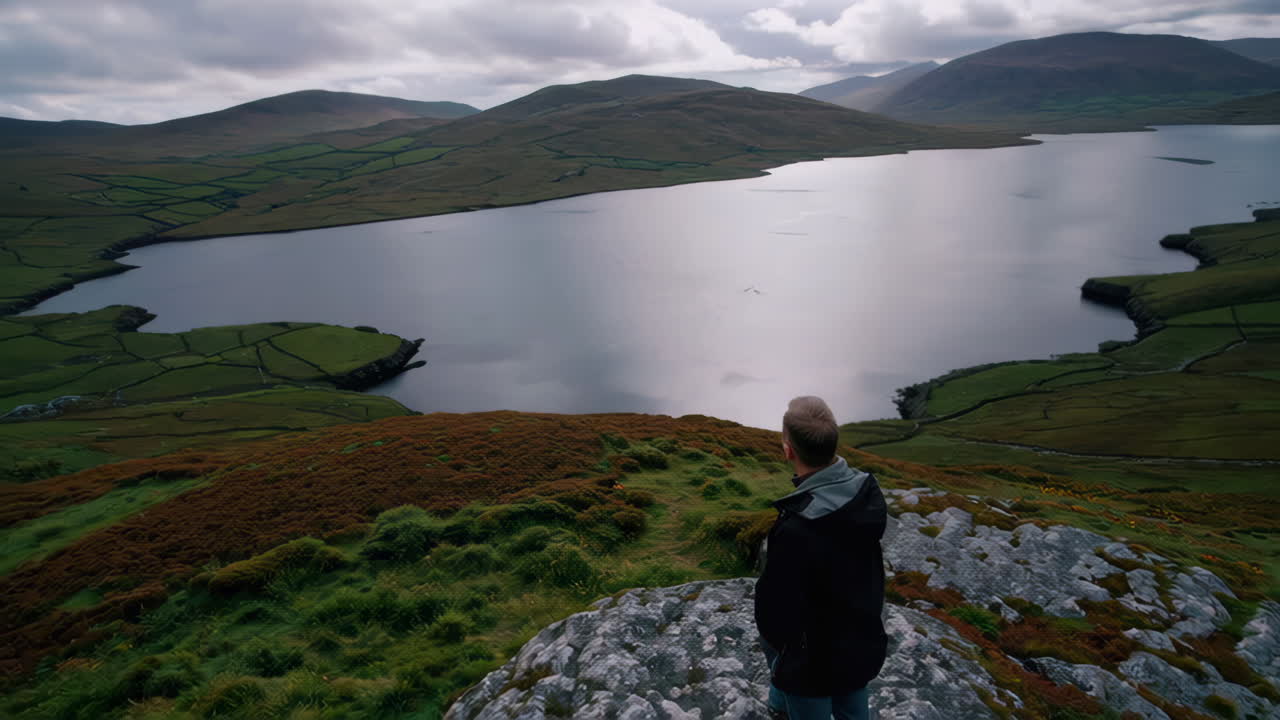 Man Contemplating a Vast Mountain Lake Landscape