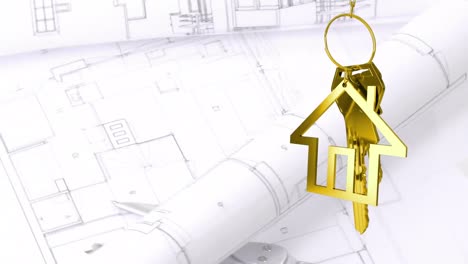 animación de llaves de casas colgantes doradas contra dibujos arquitectónicos giratorios