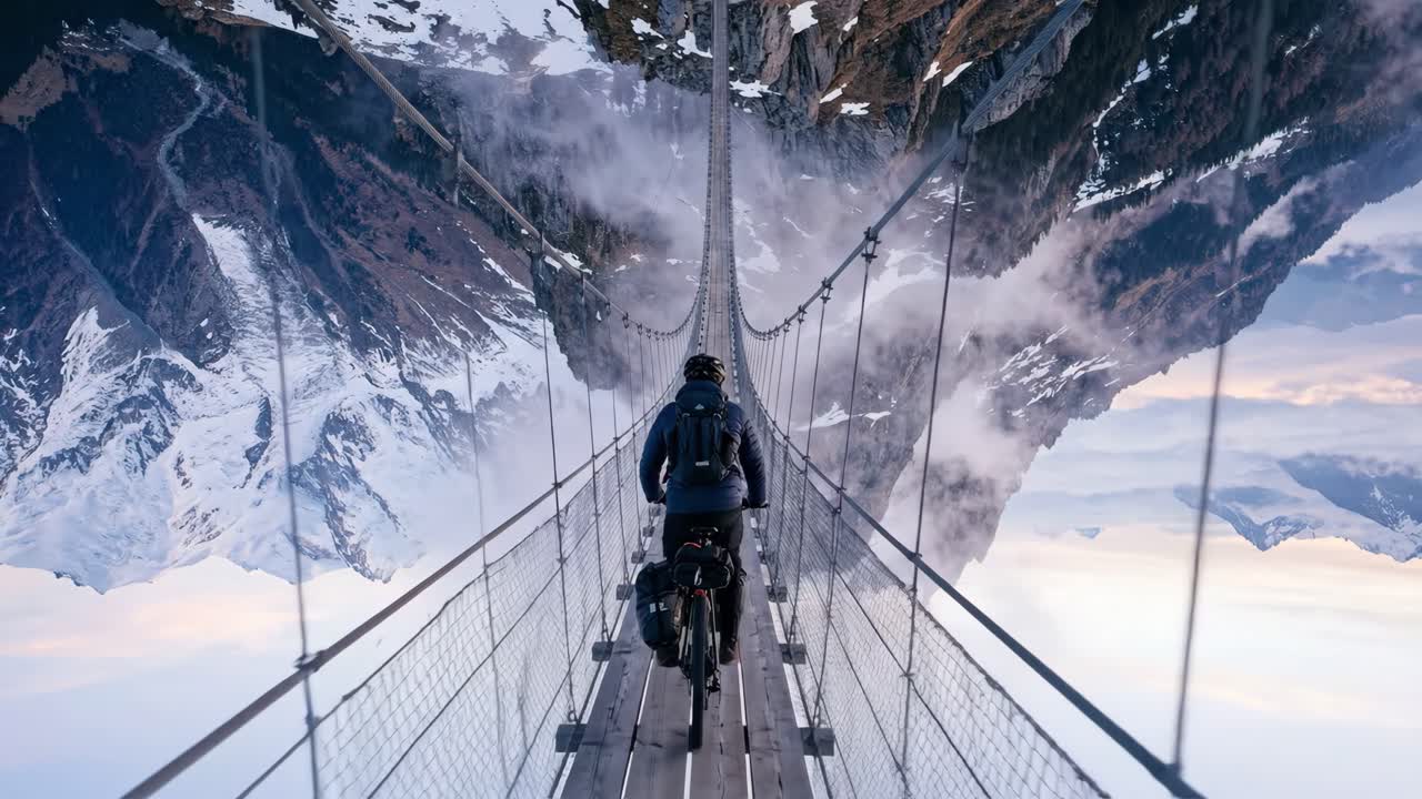 Ciclista avventuroso attraversa un ponte sospeso di montagna con vista surreale