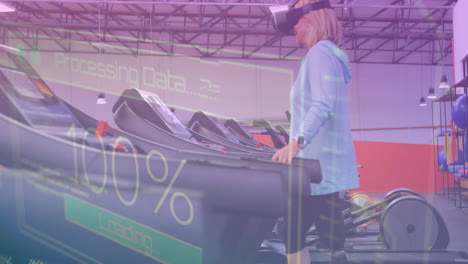 animation of data processing on screen over woman running on treadmill