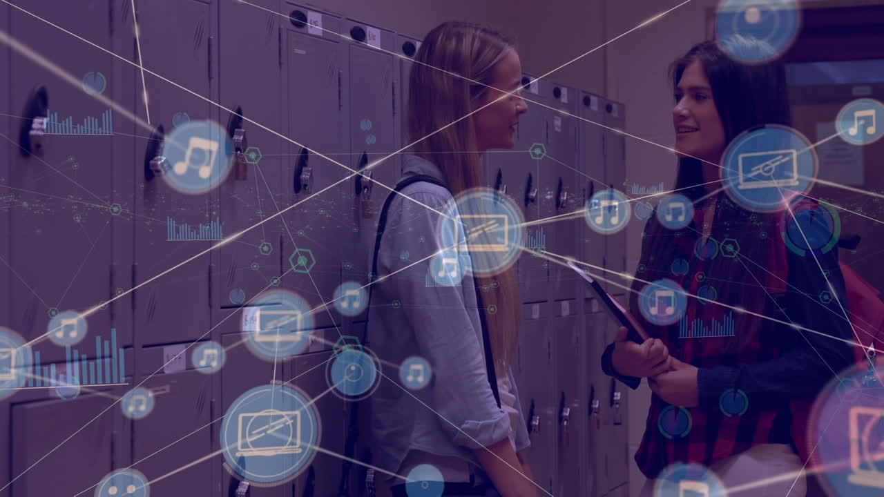 animación de la red de conexiones con iconos sobre estudiantes caucásicas hablando en la escuela