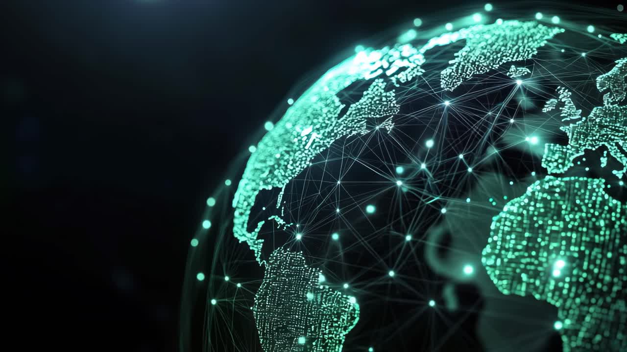 Futuristic video concept of a glowing digital Earth with network lines, captured from a space-like