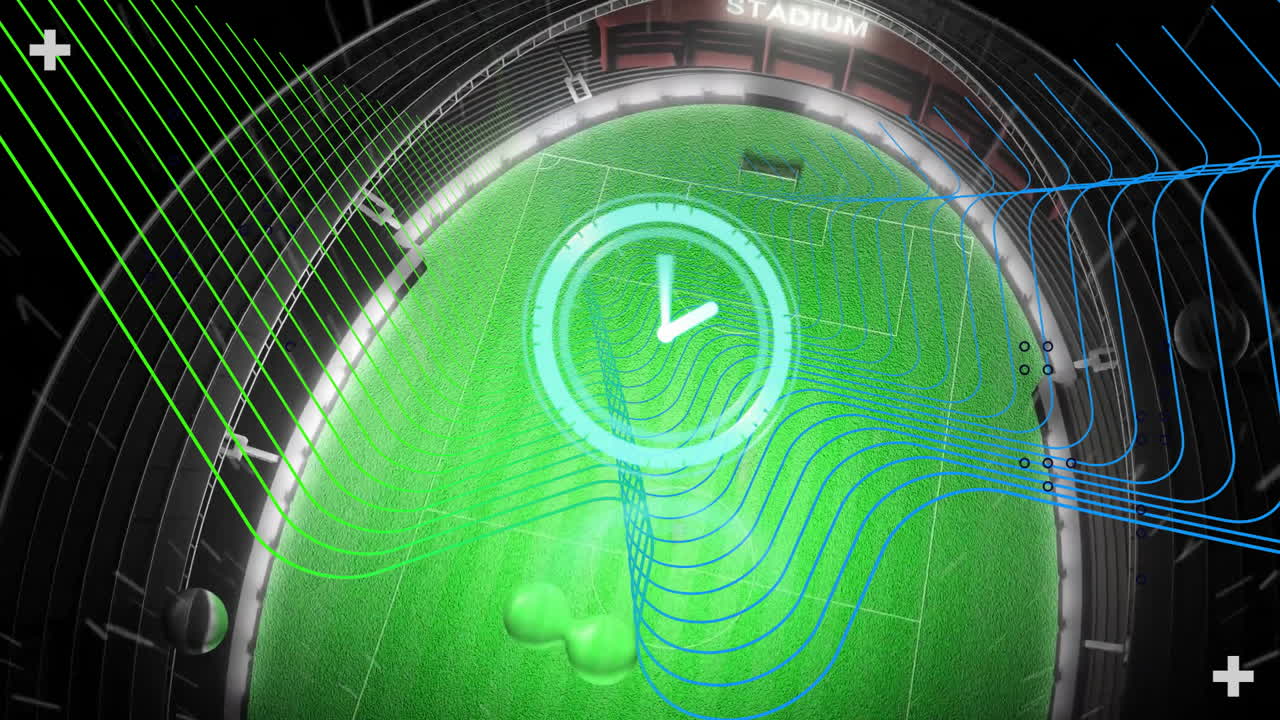 Futuristic clock animation over aerial view of illuminated stadium field