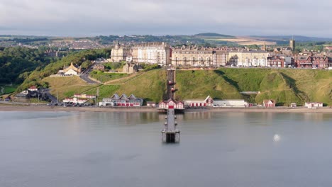 aerial view of saltburn-by-the-sea, saltburn pier and ocean in cleveland, north yorkshire in summer, early morning