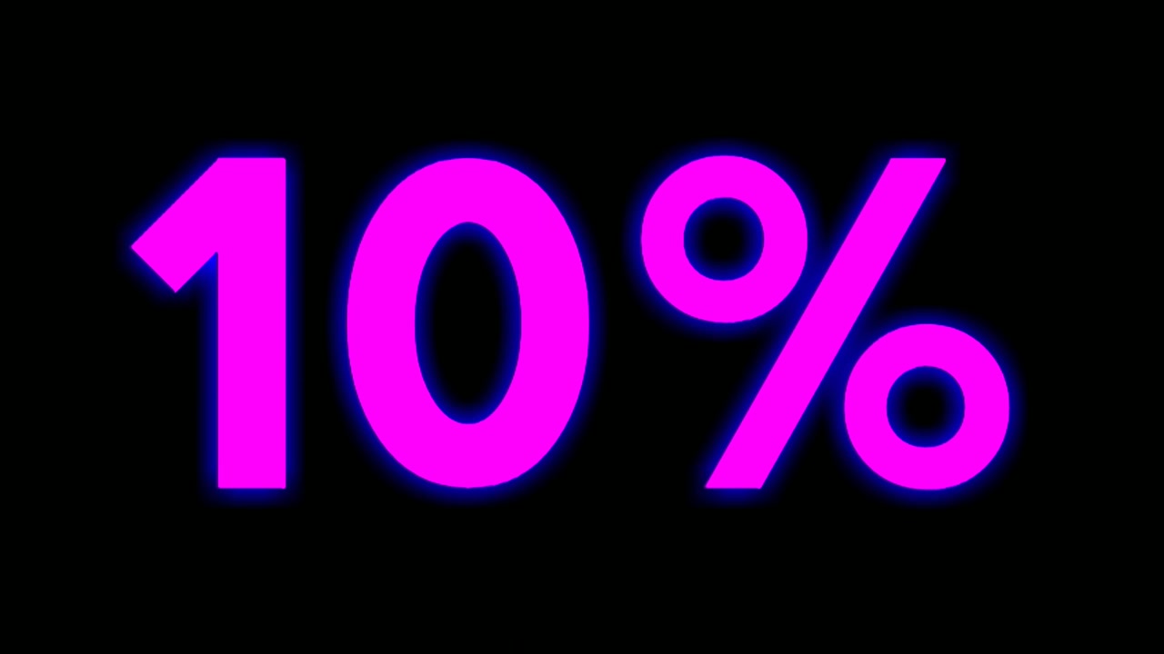 Simbol tanda angka neon 10% animasi modern di latar belakang hitam, bercahaya dan bersinar untuk elemen video konsep bisnis