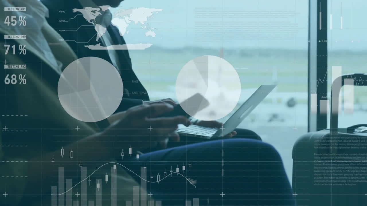 animazione dell'elaborazione dei dati sulla sezione centrale di un uomo d'affari che utilizza uno smartphone in un aeroporto