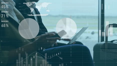 animation of data processing over mid section of businessman using smartphone at an airport