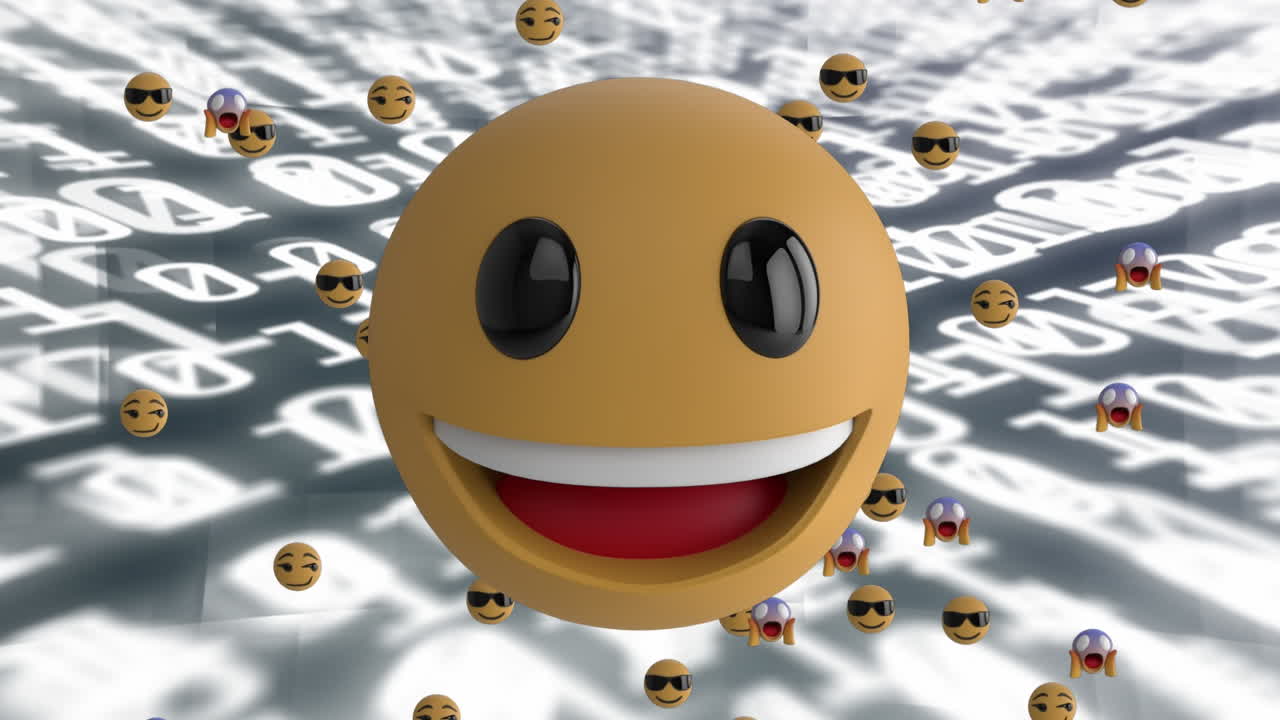 Animation of happy emoji over floating emojis with binary code in background