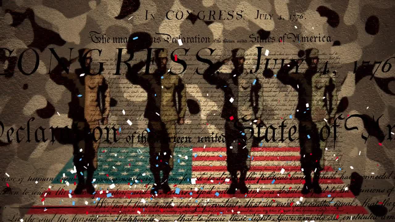 Animation of confetti falling over american flag and saluting soldiers on camouflage background