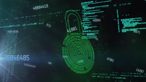 Animation of changing numbers, fingerprint in padlock and computer language over black background