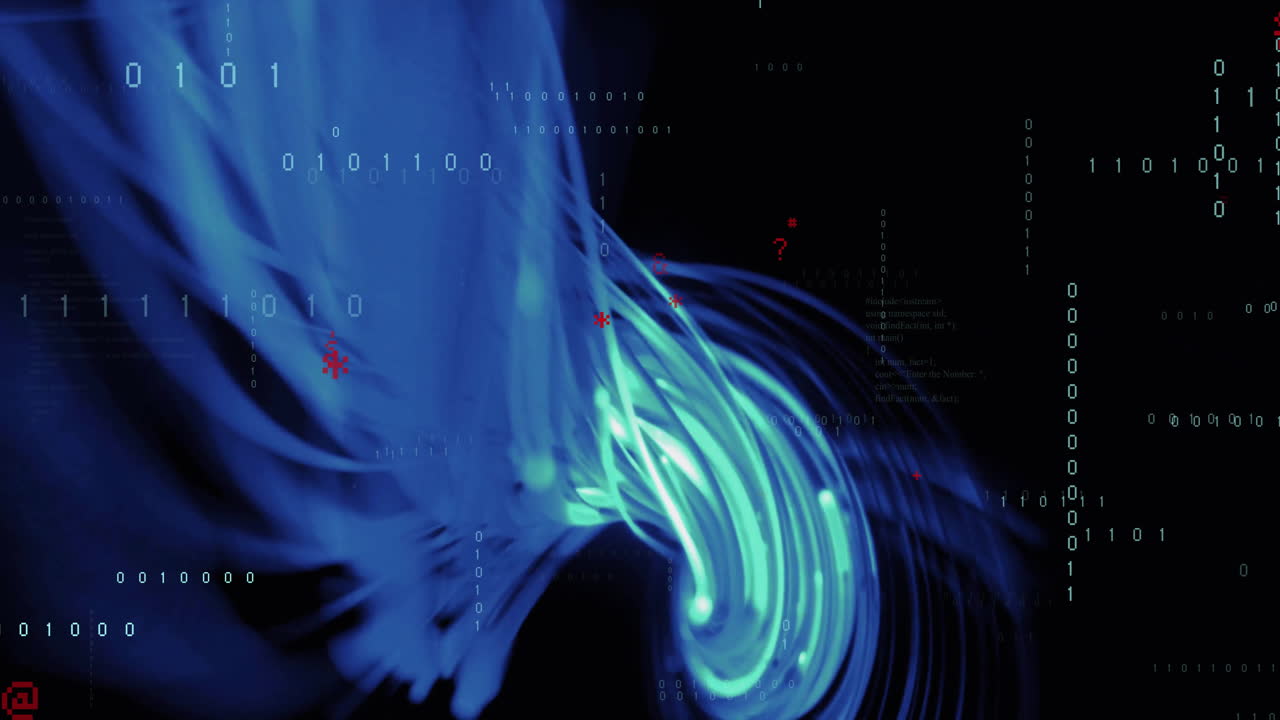Animation of binary coding digital data processing over blue light trails