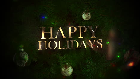 Happy-Holidays-text-with-colorful-balls-and-green-tree-branches