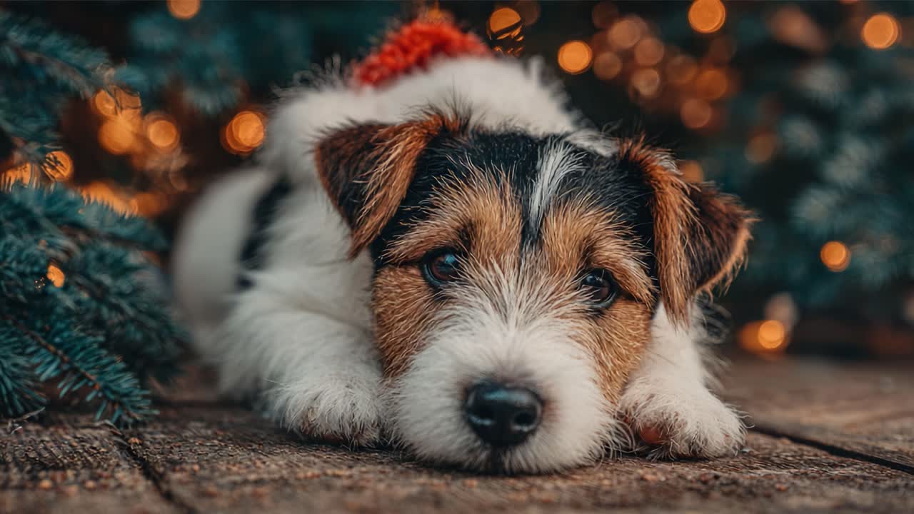 Adorable Puppy Relaxing Amidst Christmas Lights and Festive Decorations, Capturing the Joy and Warmth of the Holiday Season in Heartwarming Close-Up