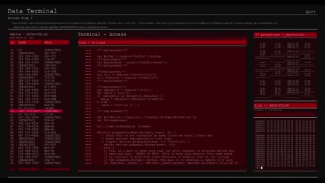 Animation of data processing on red computer screens