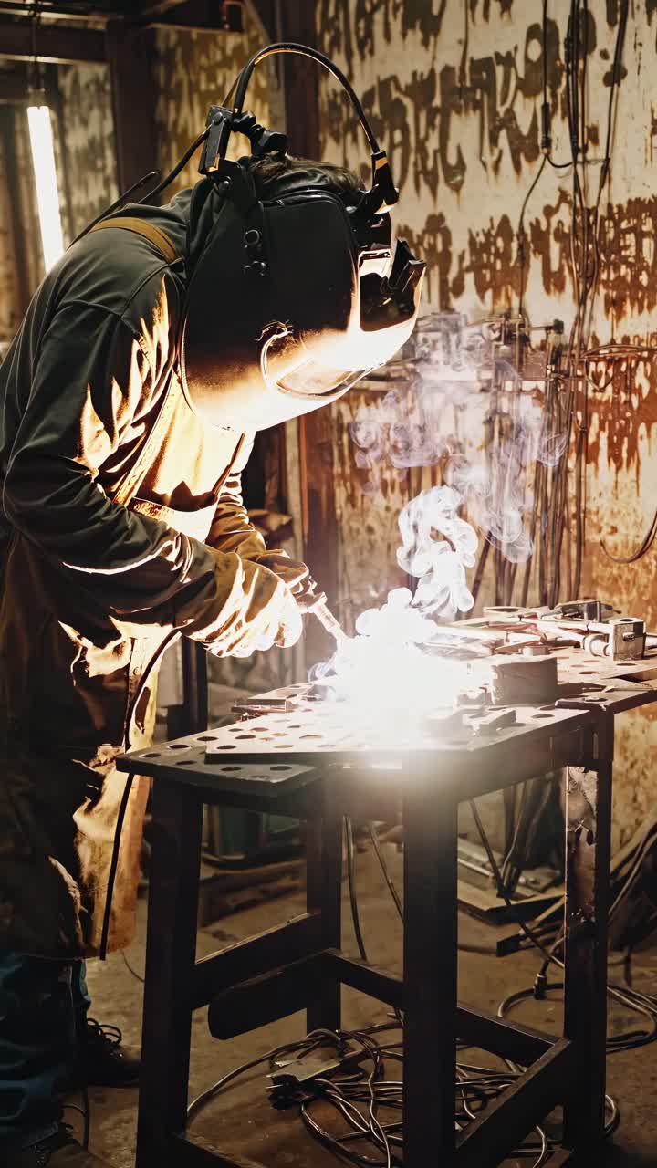 A welder works in a dimly lit workshop, captured from a side angle