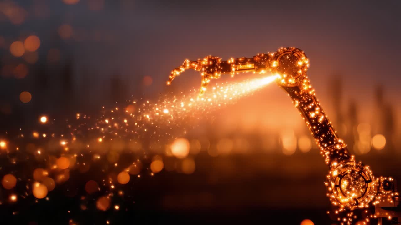 Un braccio robotico futuristico che rilascia scintille vivaci e particelle luminose su uno sfondo spettacolare, mettendo in mostra una tecnologia avanzata e un accattivante gioco di luci