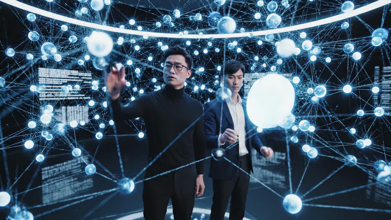 Men interacting with futuristic network technology