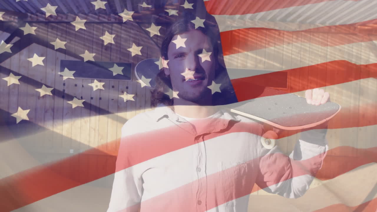 male skateboarder standing in ad concept at skate park, with animated flag stripes on wooden ramp