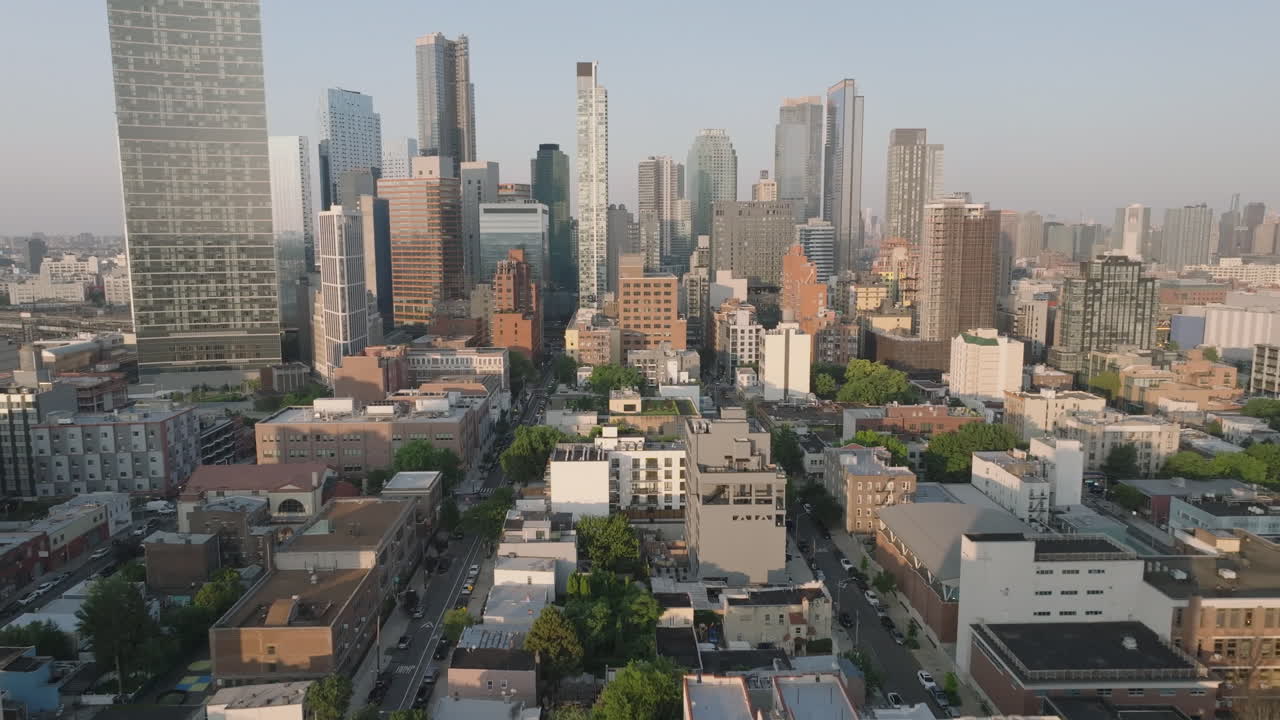 Aerial view of Long Island City, Queens on a summer morning