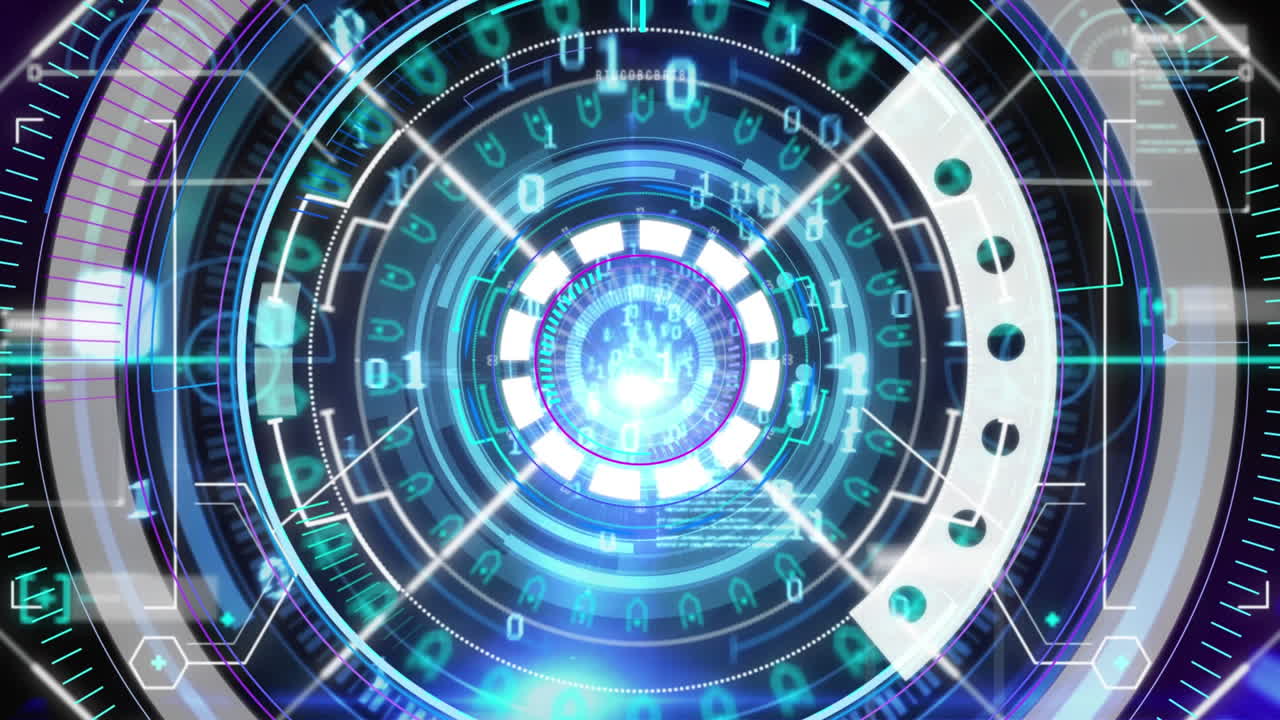 네온 둥근 스캐너와 디지털 인터페이스가 인간 눈의 클로즈업에 대항합니다.