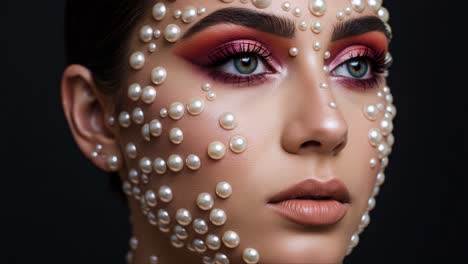 a stunning portrait of a model adorned with pearls, showcasing artistic makeup and elegant facial features against a dark background